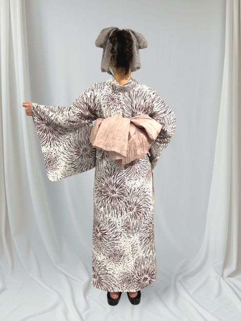 JS-4  花火 赤茶+SH3 兵児帯 くすみピンク【二部式浴衣＋帯セット】(JS-4  花火 赤茶+SH3 兵児帯 くすみピンク)