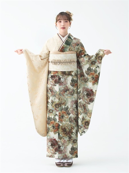 振袖レンタルセット 油彩ローズ×レース(エクリュ)