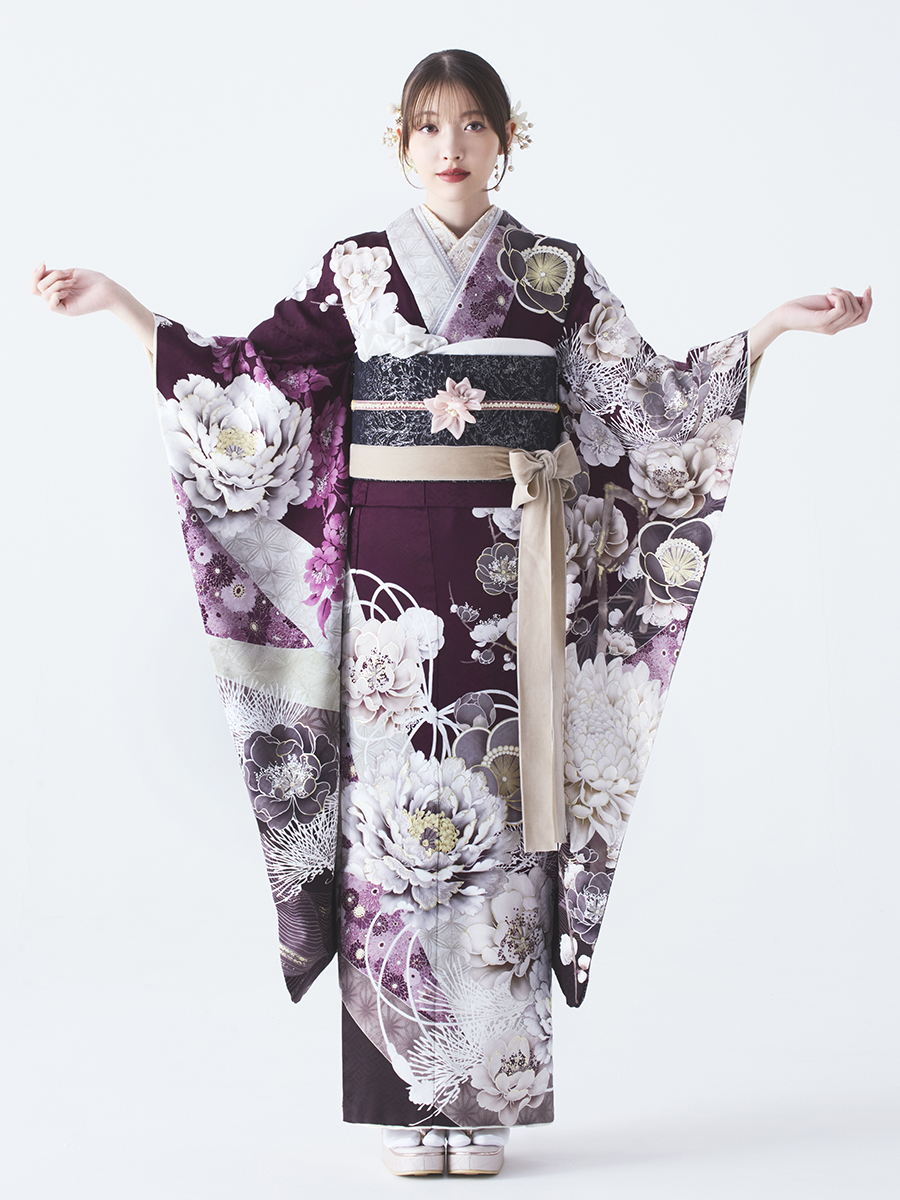 正絹振袖レンタルセット 雅牡丹(ワイン)