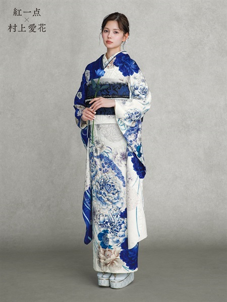 正絹振袖レンタルセット 紅一点×村上愛花(西洋花扇子/ホワイト×青)