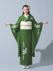 振袖 レース刺繍(緑) 帯 ドット(オフ) 小物別売
