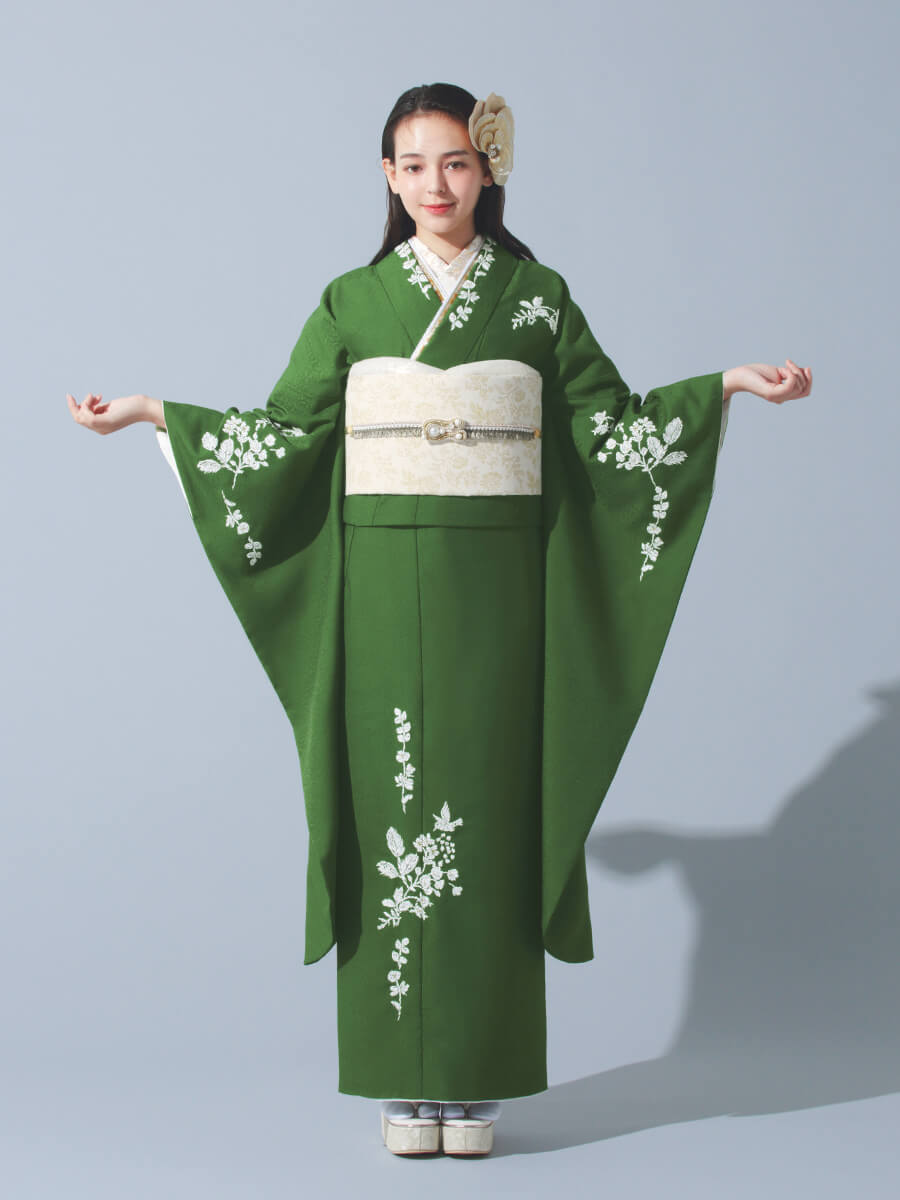 緑色×レース刺繍柄の振袖レンタル一式セット【和風館ICHI】