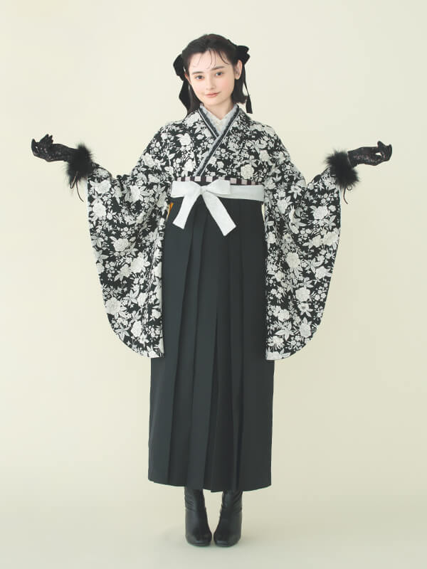 黒色×プチフルール柄の着物の袴レンタル一式セット【和風館ICHI】
